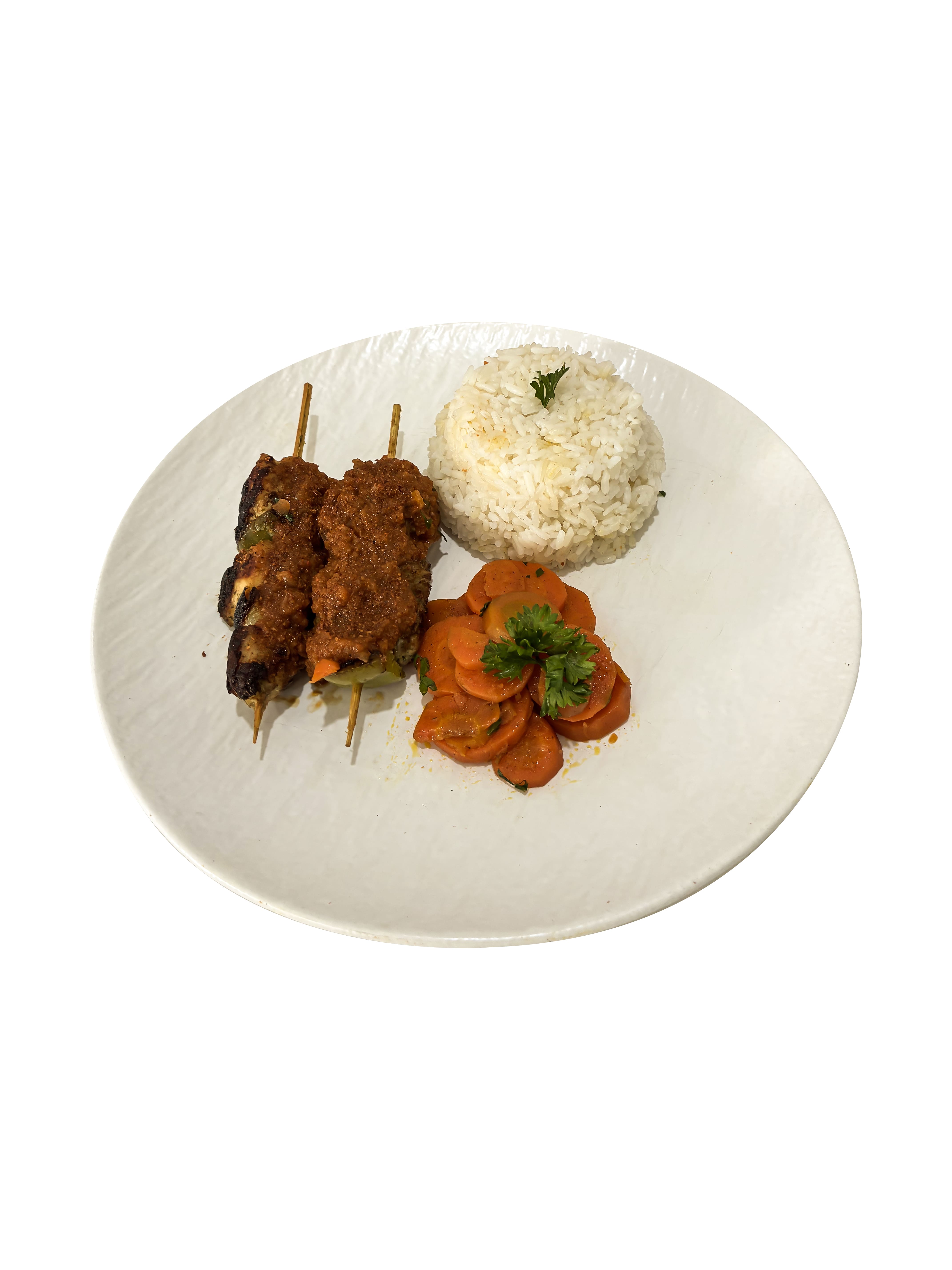 Brochette de poulet + riz et carottes vichy