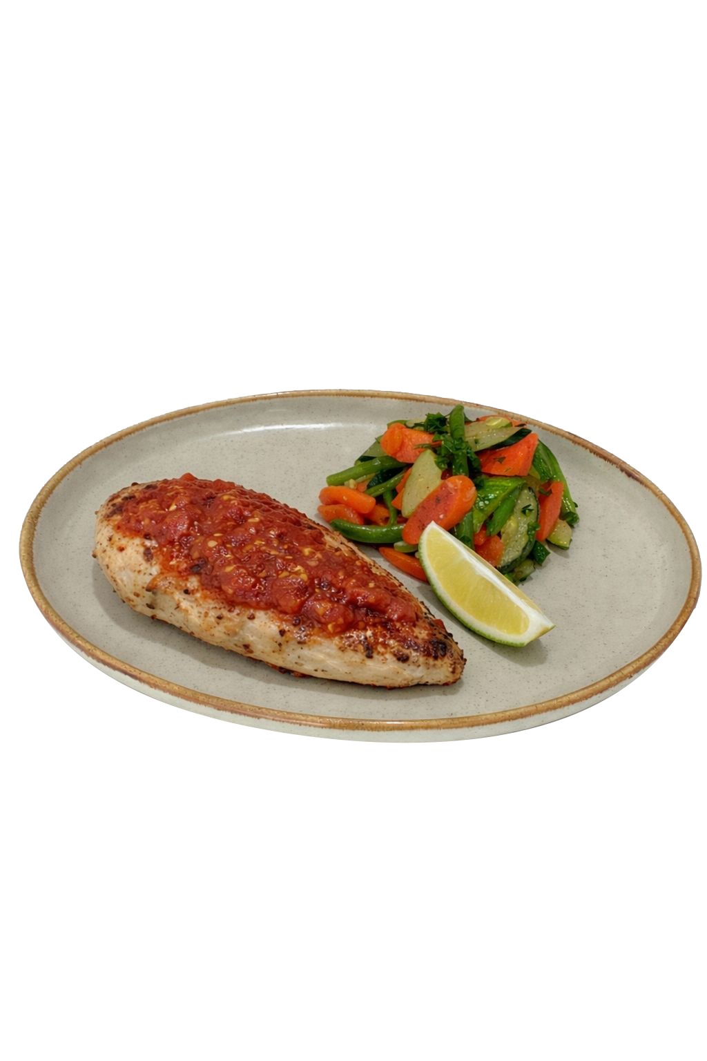 Escalope de poulet sauce tomates, légumes sautés au four