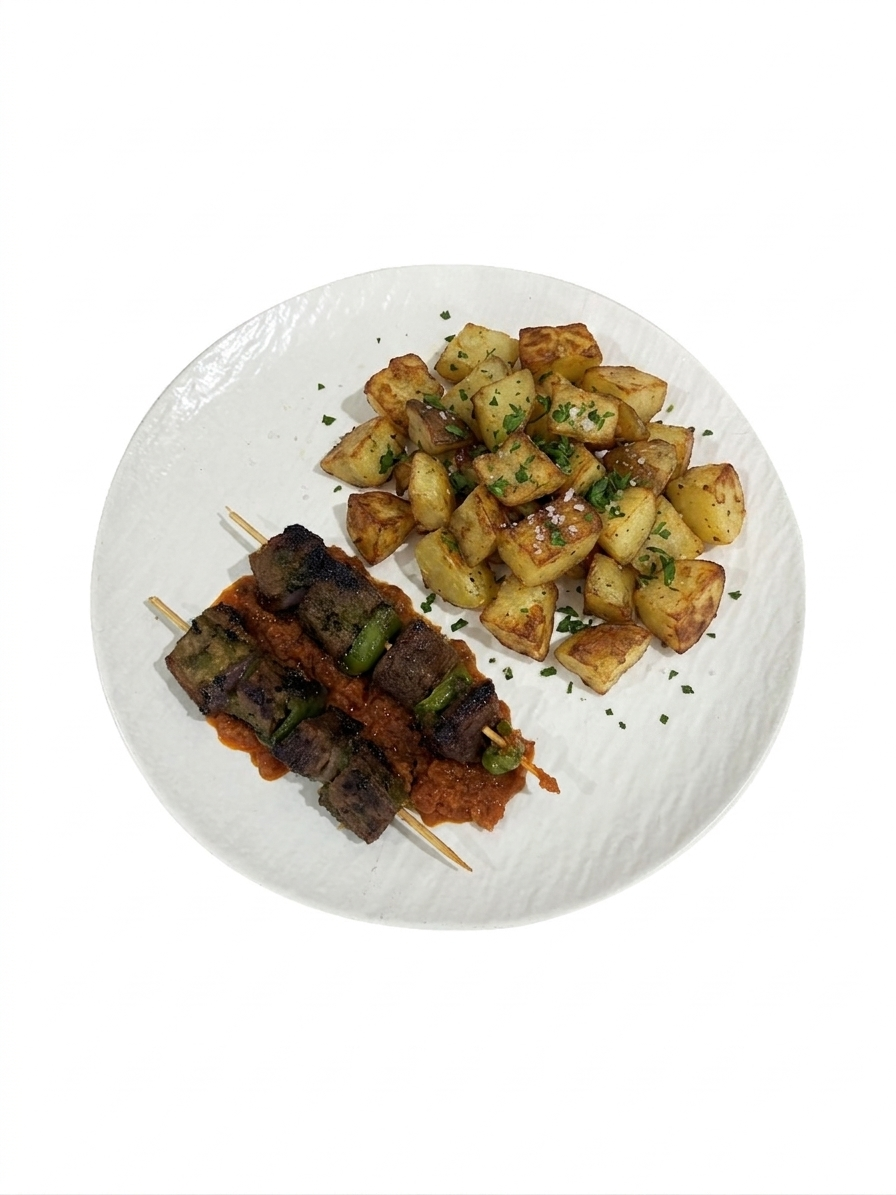 Brochette de boeuf grillé à la plancha, Pomme de terre sautée