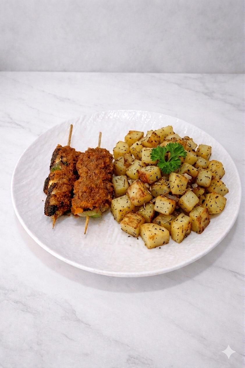 Brochette de poulet grillé à la plancha, Pomme de terre sautée