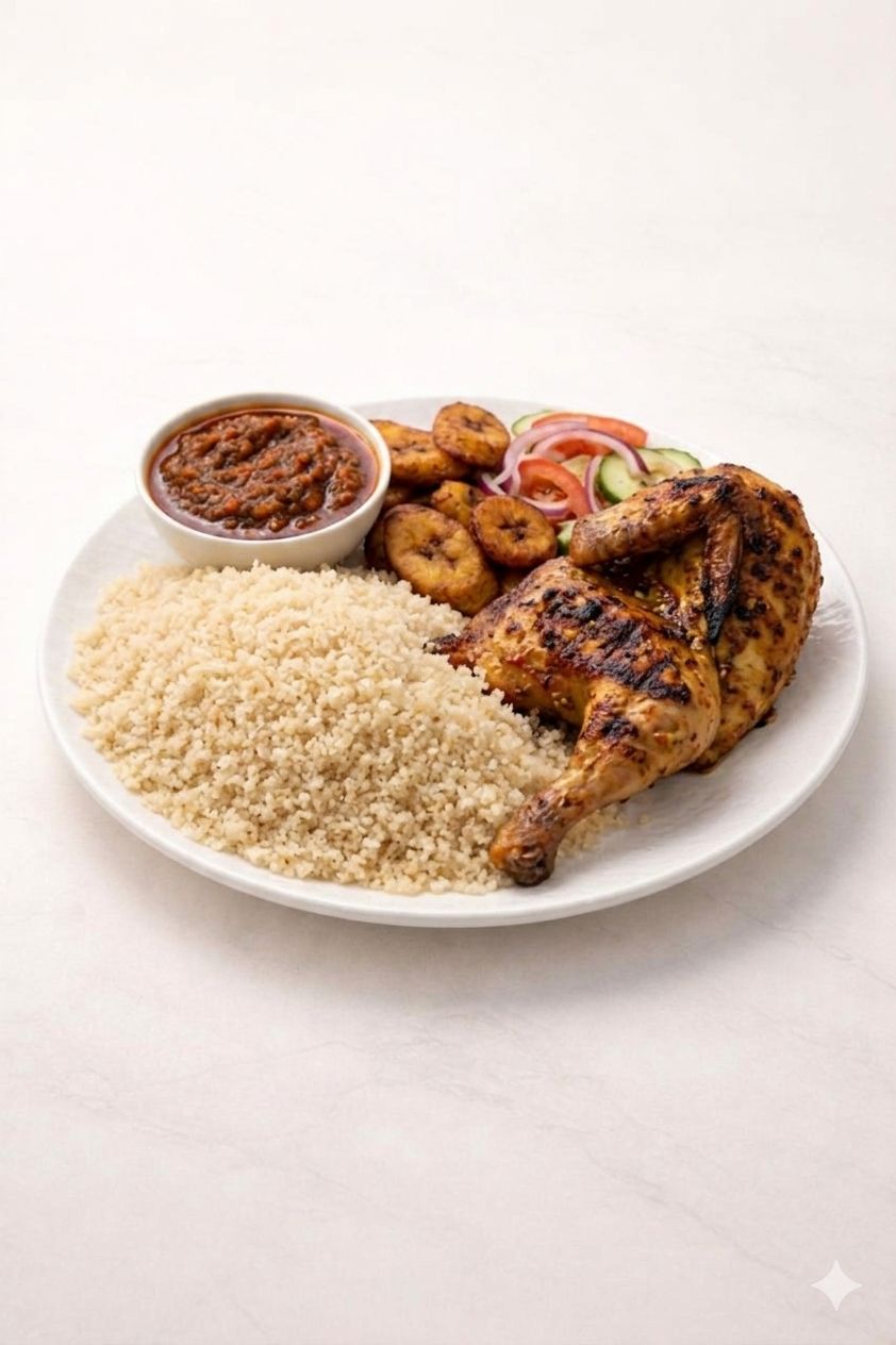 Poulet braisé, Attiéké & Alloco