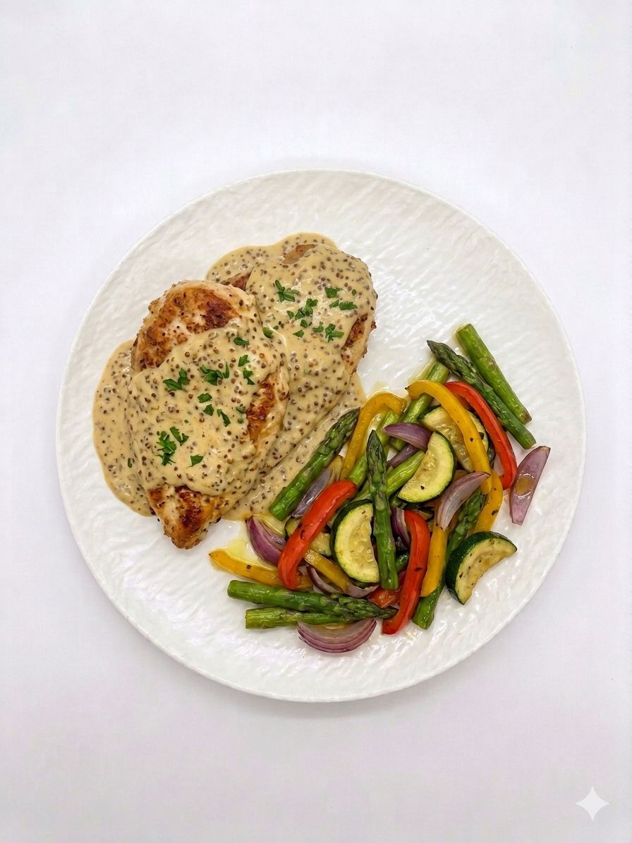 Escalope de poulet sauce Moutarde, Légumes sautés