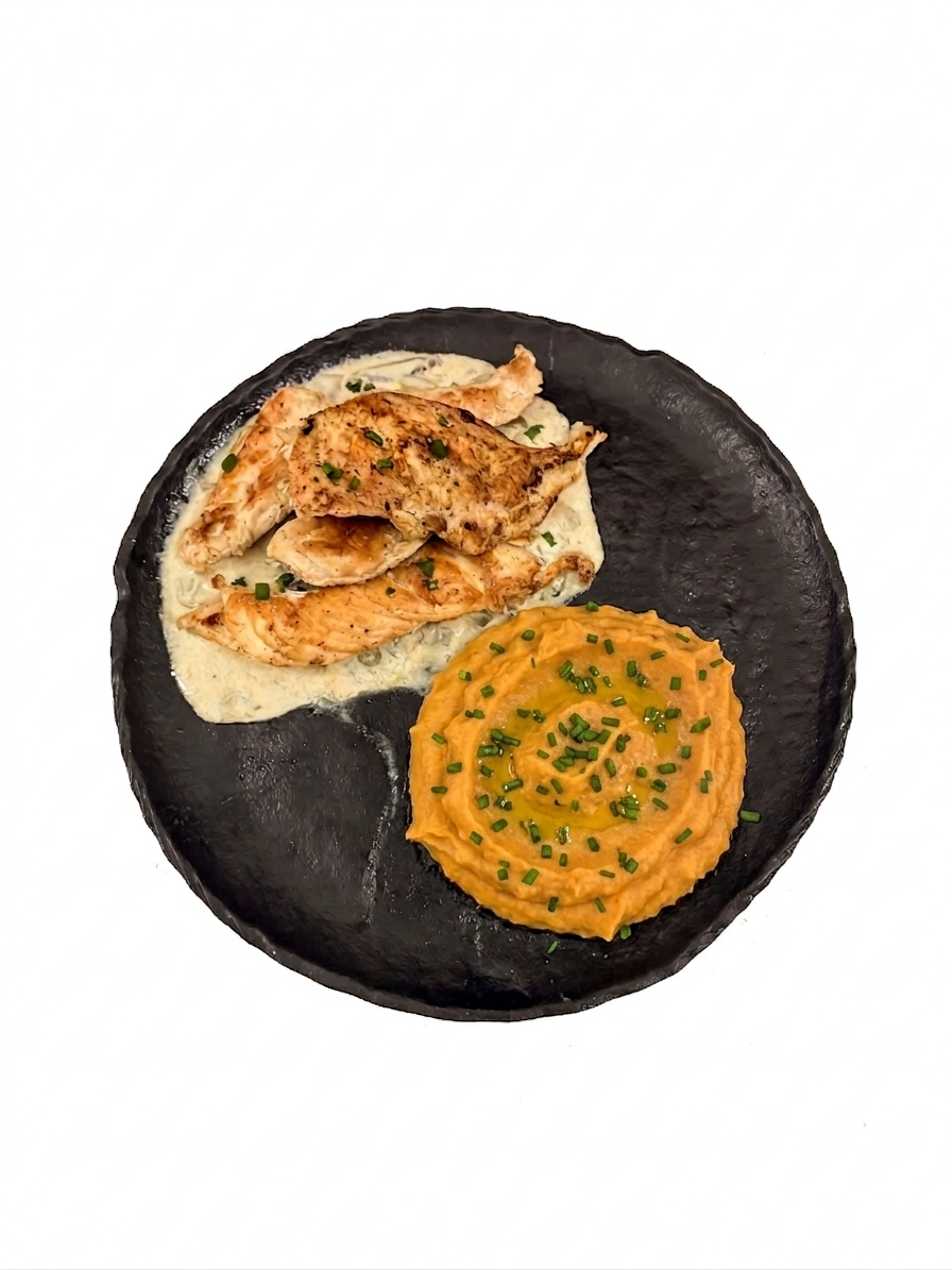 Escalope de poulet sauce forestière + purée de patates douces