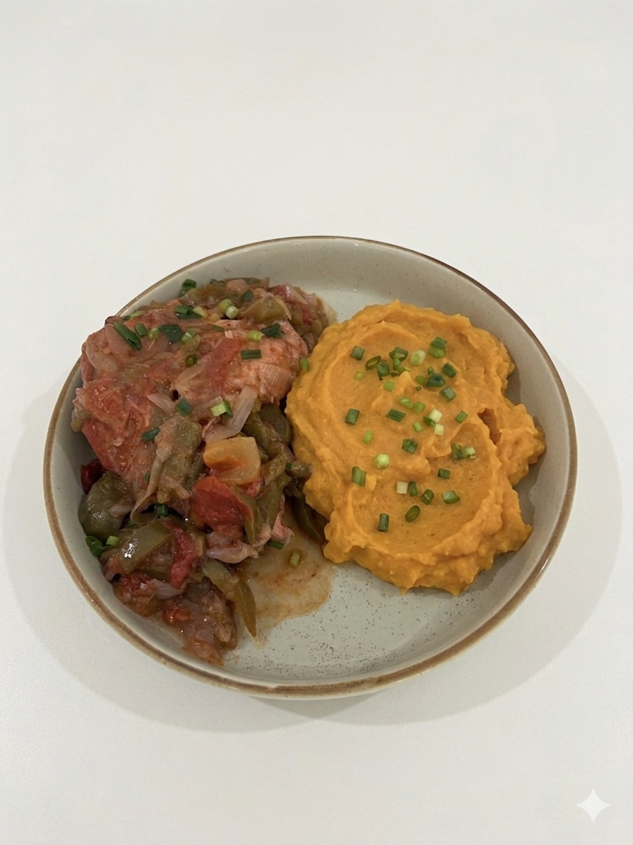 Poulet basquaise, purée de patates douces