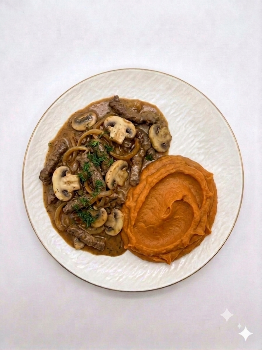 Boeuf stroganoff, purée de patates douces
