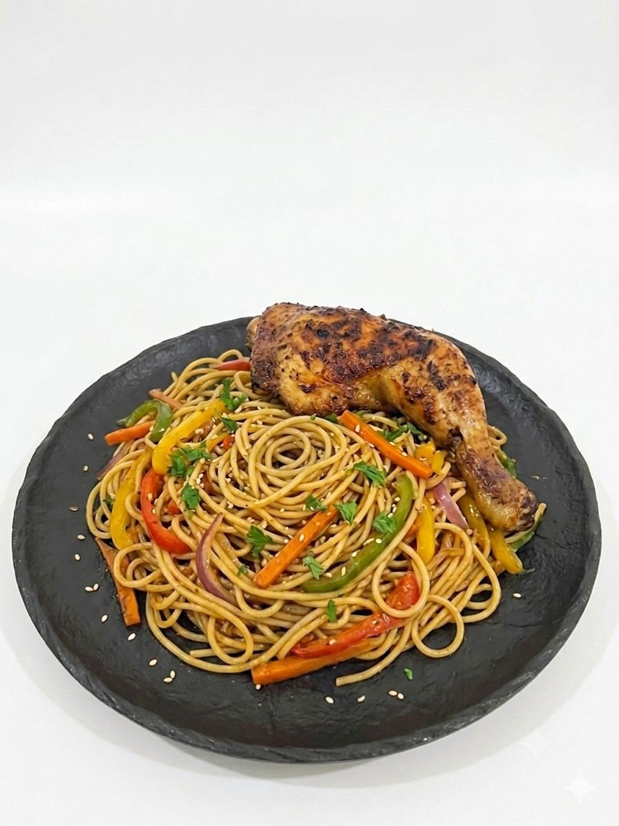 Spaghetti sauté aux légumes, poulet