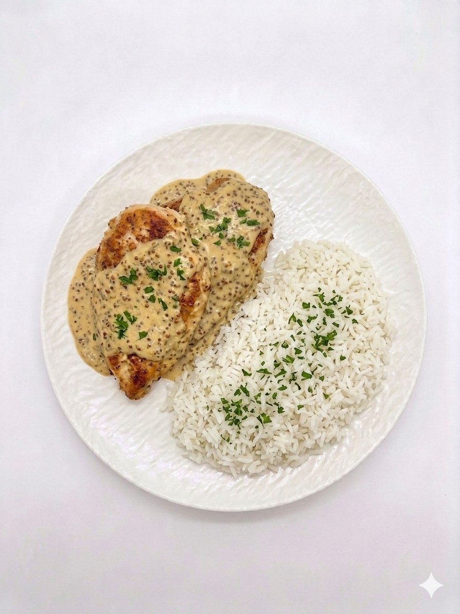 Escalope de poulet sauce moutarde, Riz
