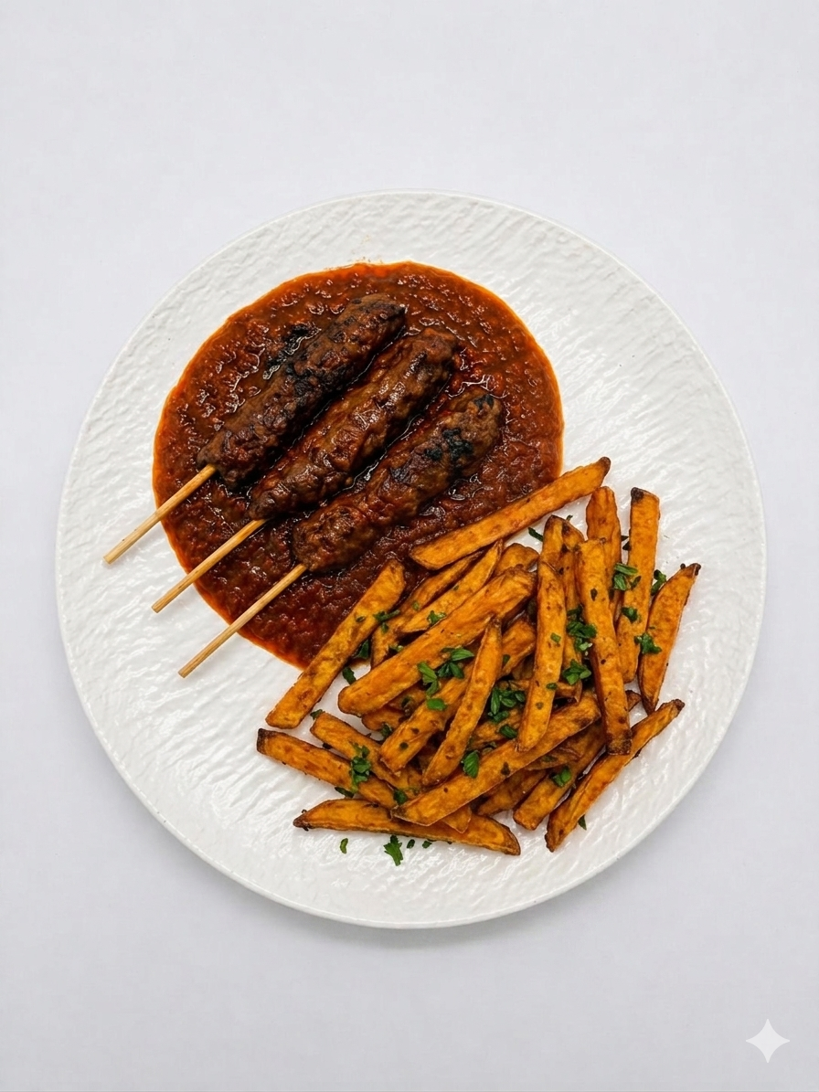 Kefta sauce tomate, frites de patate douce