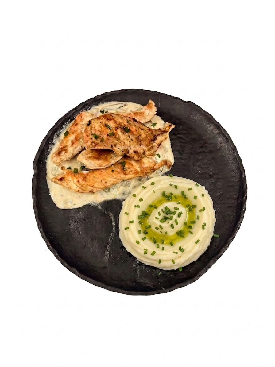 Escalope de poulet sauce forestière + purée de pomme de terre