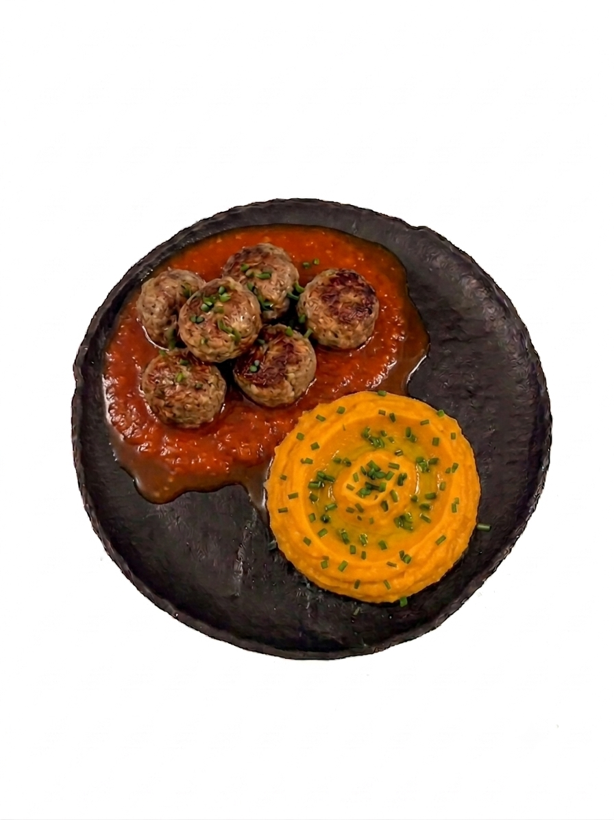 Boulettes de viande, purée de patate douce