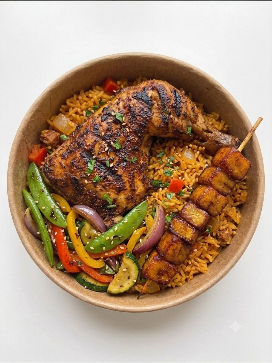 Bowl de Riz joloff, poulet braisé, alloco