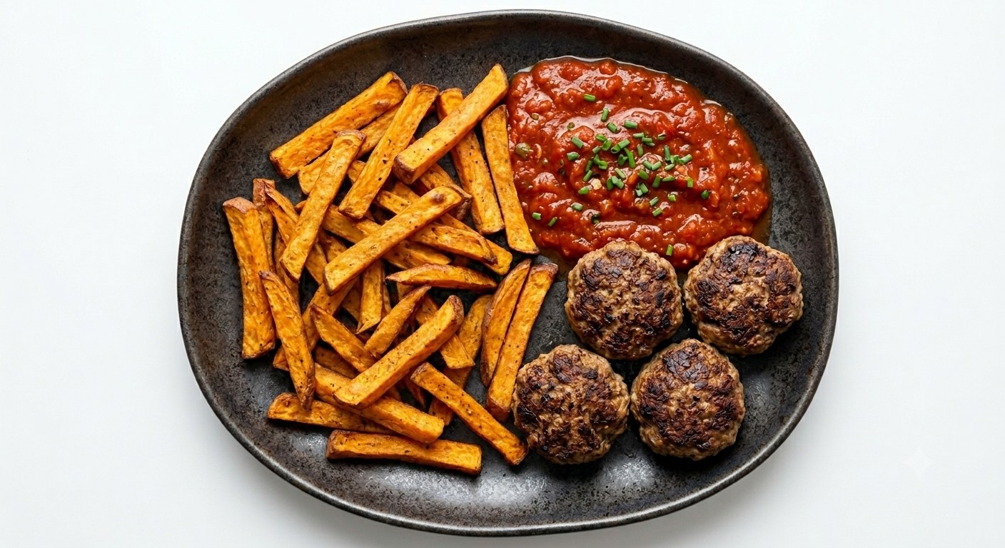 Boulettes de viande, frites de patate douce