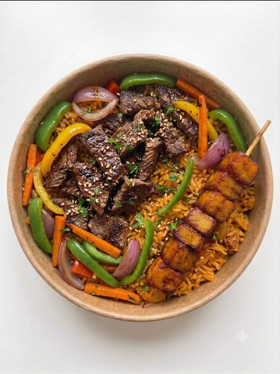 Riz Joloff, émincé de boeuf