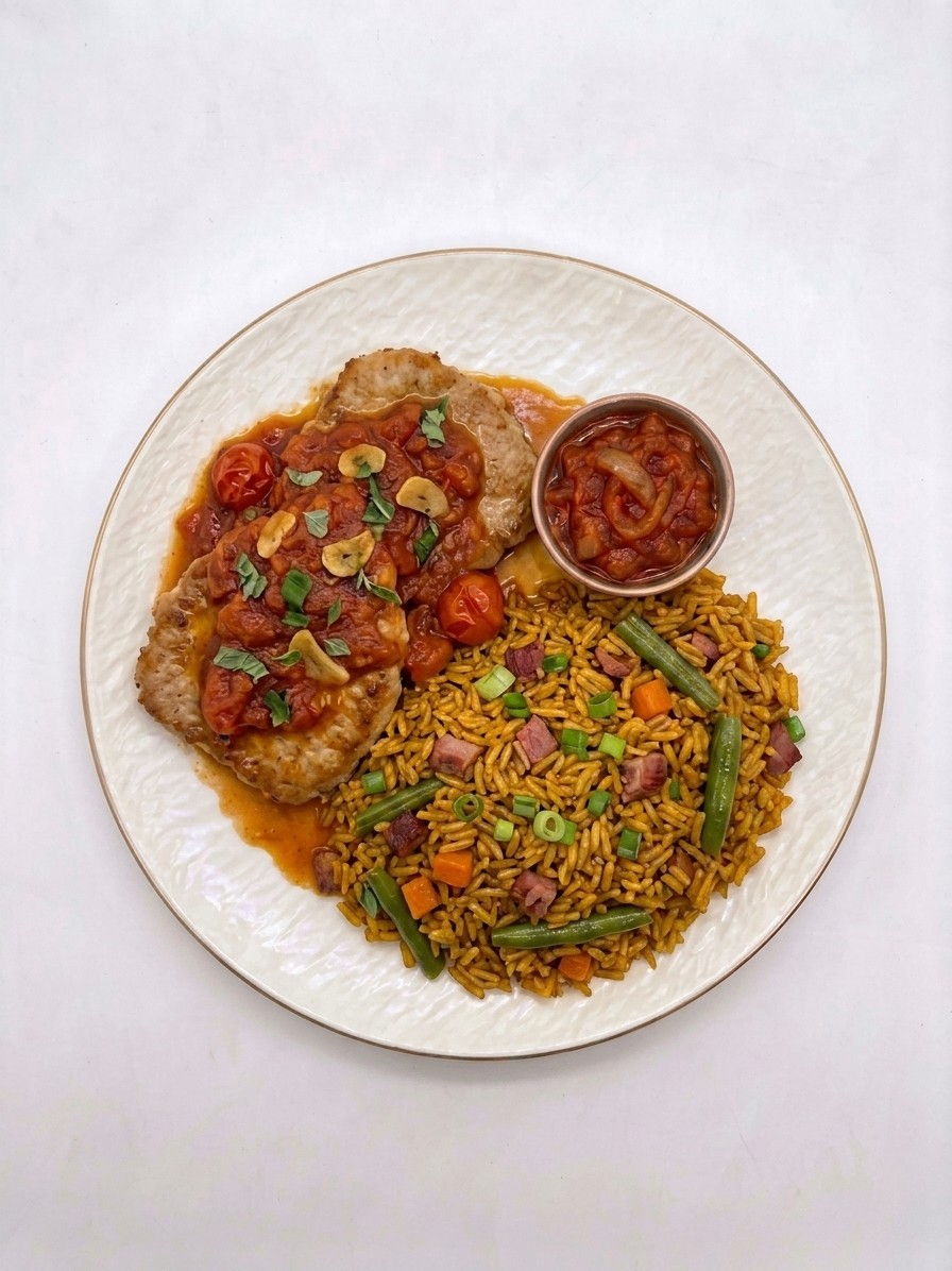 Escalope de poulet sauce tomate, riz gras