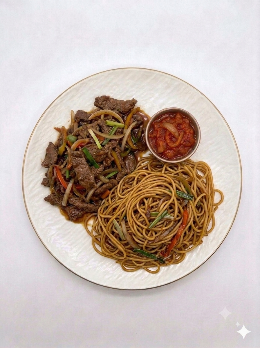 Émincé de bœuf, spaghetti sauté
