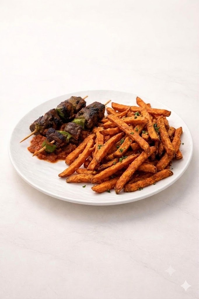 Brochettes de poulet, frites de patate douce