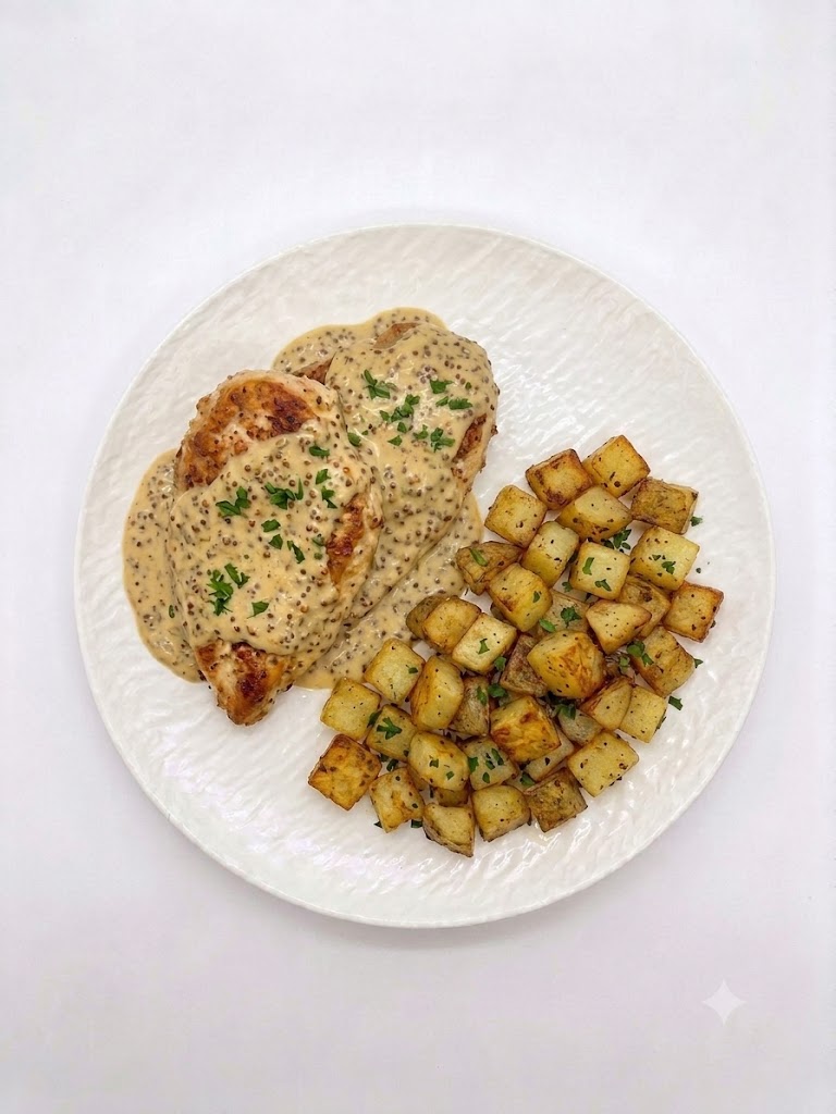 Escalope de poulet sauce moutarde, pdt sautée