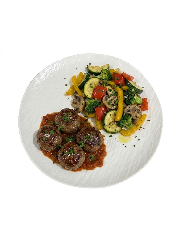 Boulettes de viande, légumes sautés