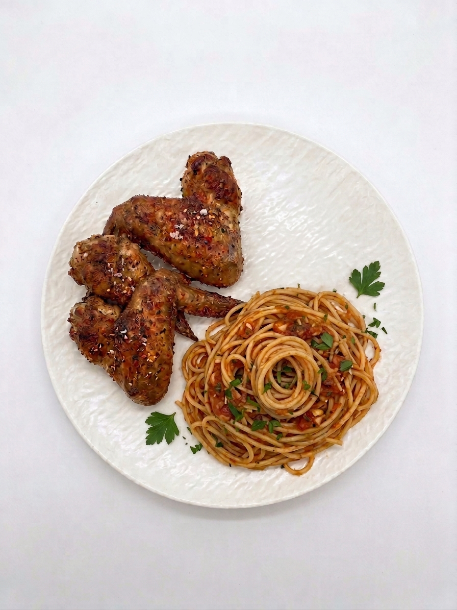 Wings poulet, spaghetti