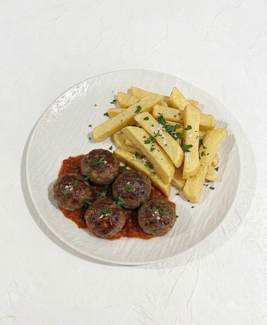 Boulettes de viande, igname frit