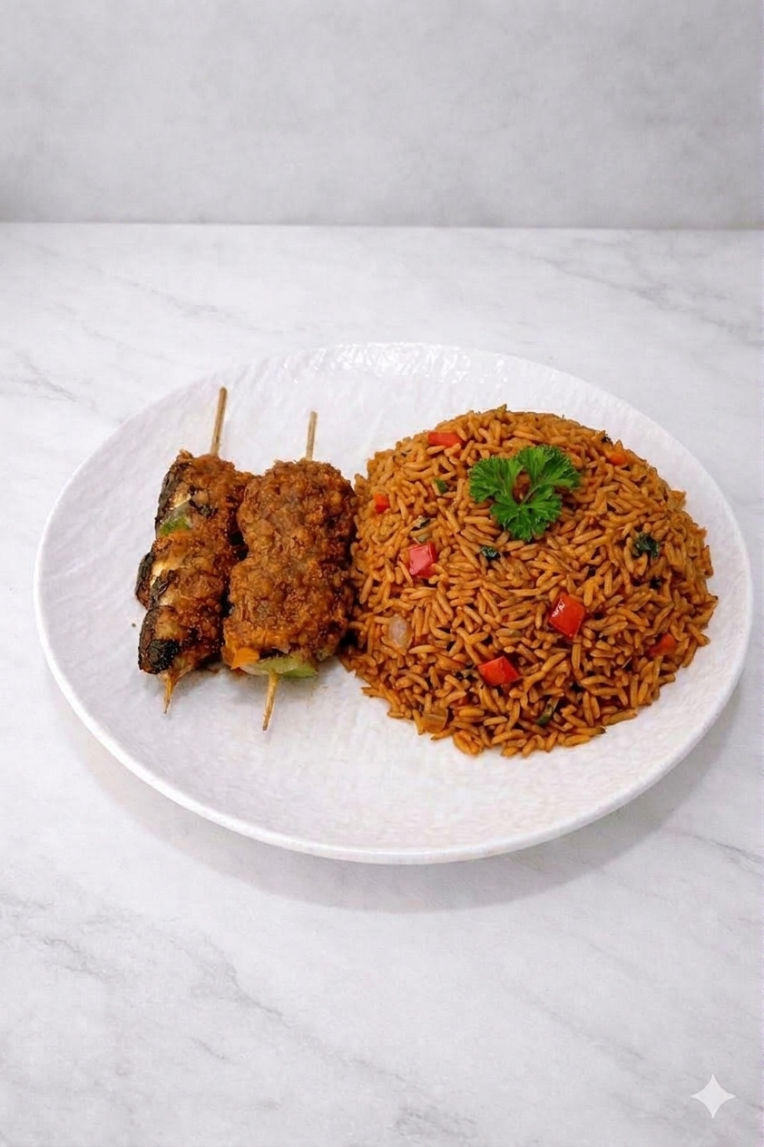 Brochette de poulet grillé à la plancha, Riz gras