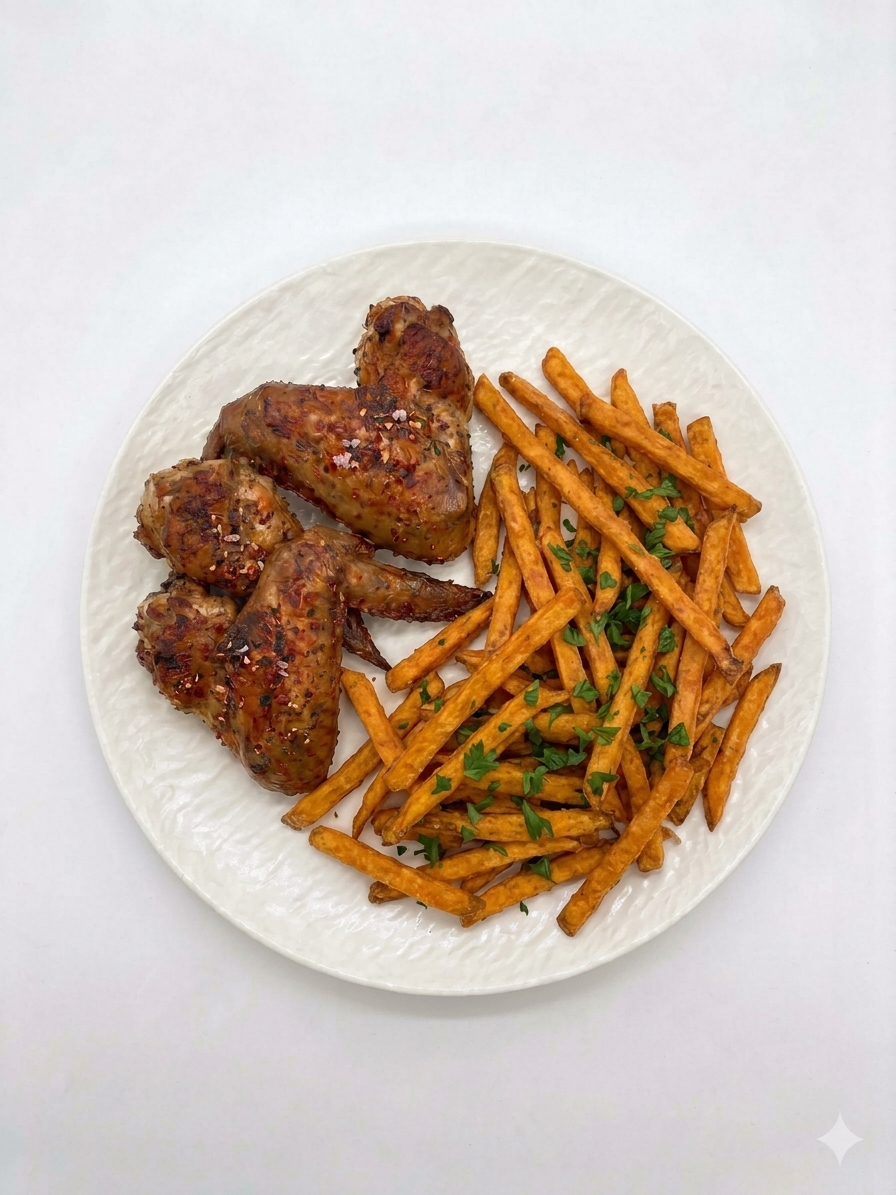Wings de poulet, frites de patates douces